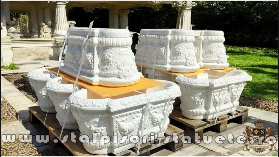 Jardinieră ornament flori, alb marmorat, model J8. (4)