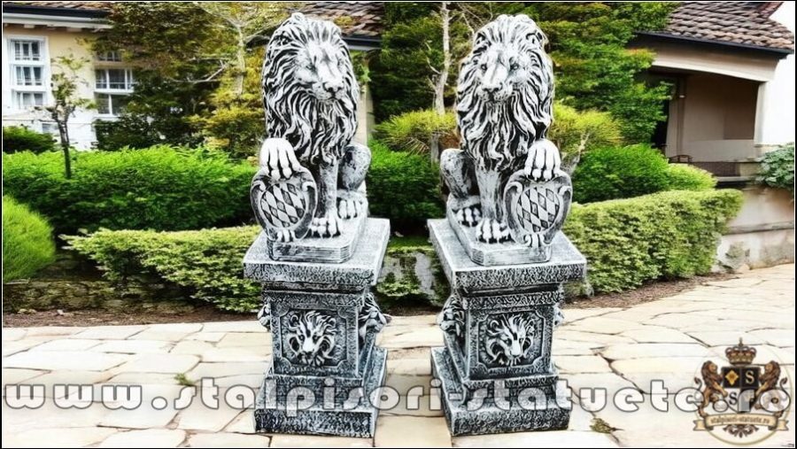 Set 2 statuete leu cu socluri, gri antichizat, S2-S87. (1)