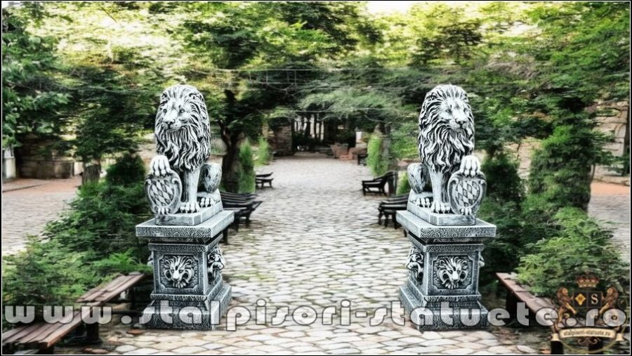 Set 2 statuete leu cu socluri, gri antichizat, S2-S87. (5)