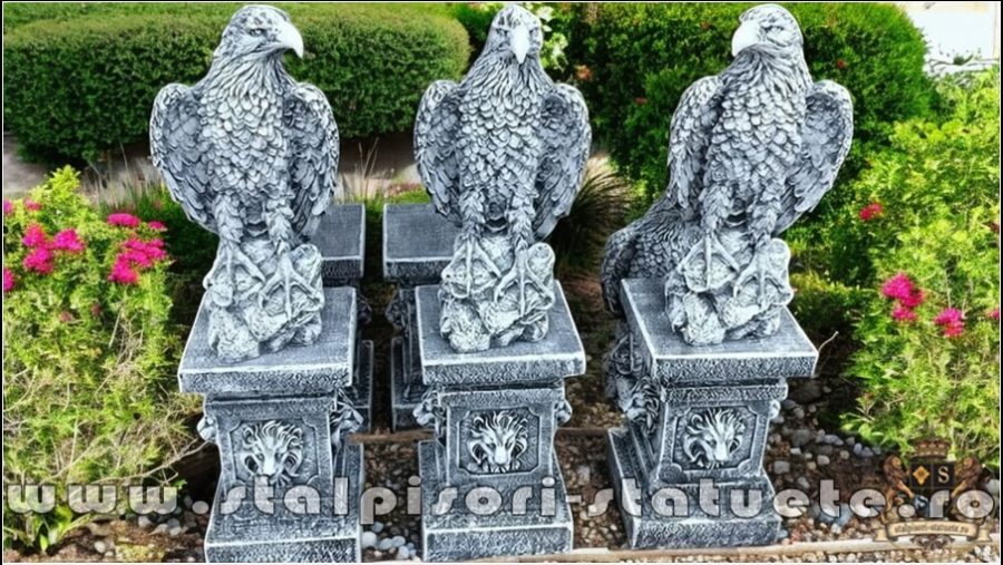 Set 3 statuete vulturi cu socluri, gri antichizat. (2)