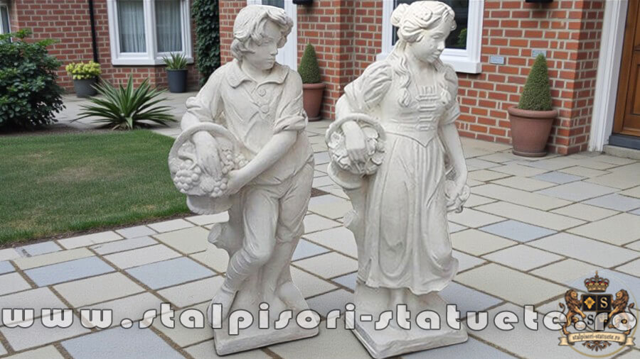 Set statuete băiat și fată, alb marmorat, model S43. (1)