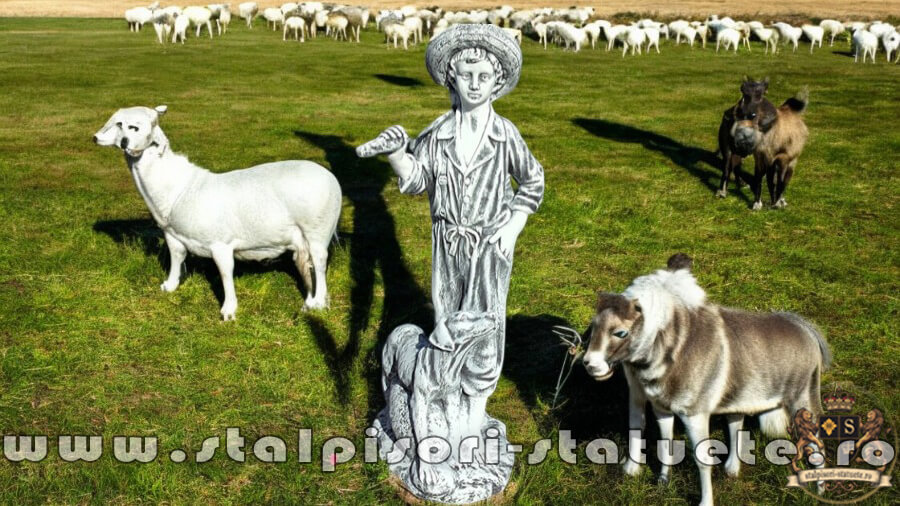 Statuetă ciobănaș cu cățel, gri patinat, model S73. (2)