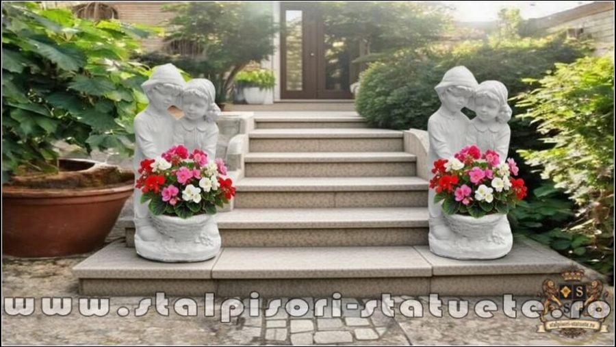 Statuetă copii cu coșuleț, alb marmorat, model S7. (5) (1)