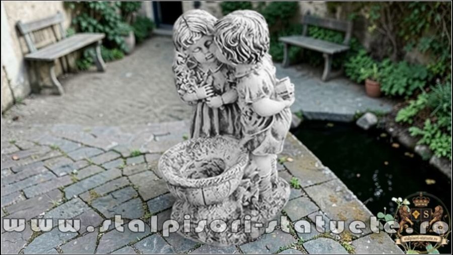 Statuetă copilași cu vază, gri patinat, model S45. (1)