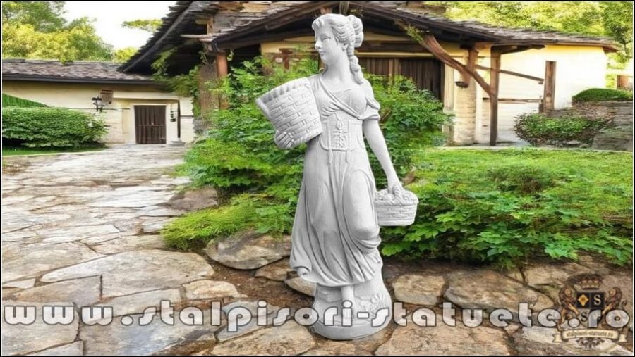Statuetă domnița cu coșulețe, alb marmorat, model S67. (1)