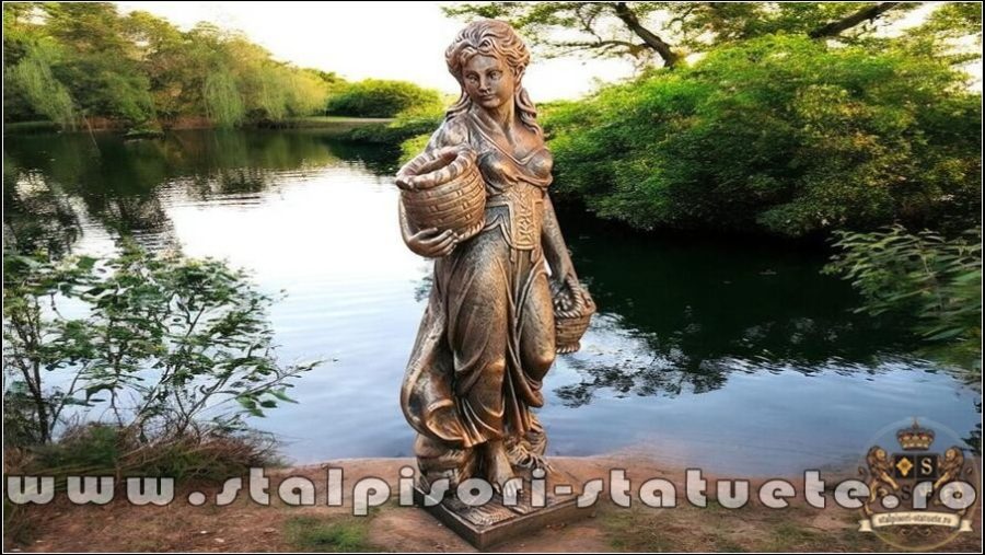 Statuetă fata cu coșulețe, arămiu patinat, model S23. (2)