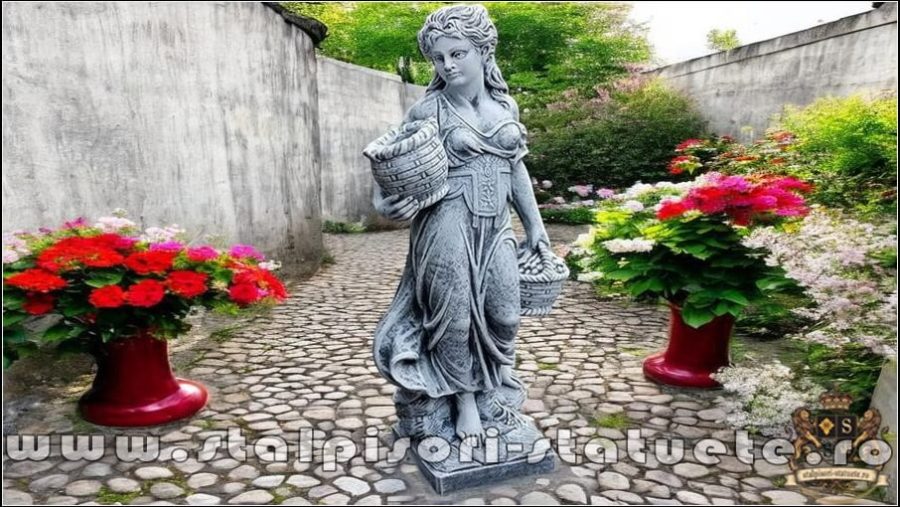 Statuetă fata cu coșulețe, gri patinat, model S23. (2)