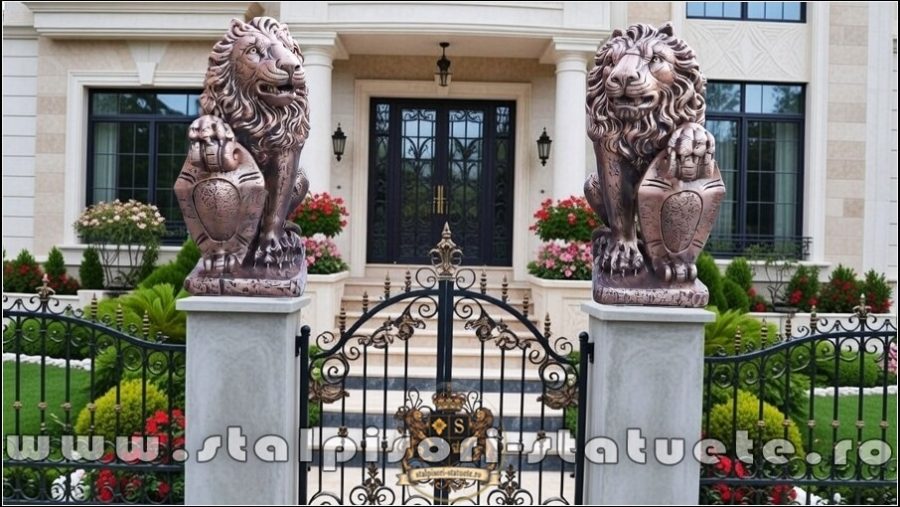 Statuetă leu mare cu blazon, arămiu patinat, model S1. (5)