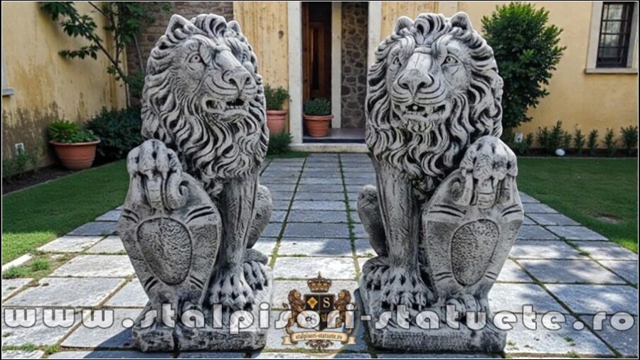 Statuetă leu mare cu blazon, gri patinat, model S1. (1)