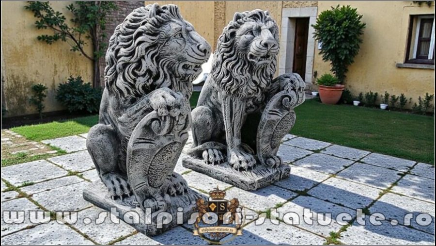 Statuetă leu mare cu blazon, gri patinat, model S1. (2)