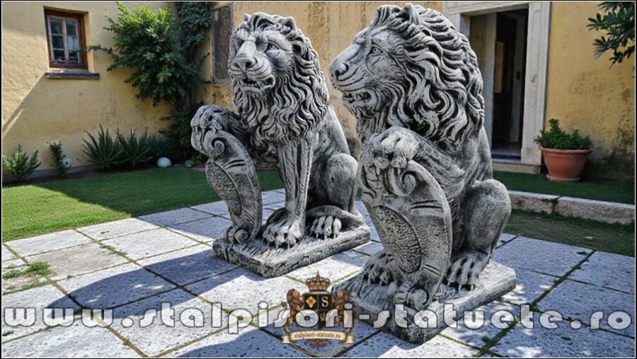 Statuetă leu mare cu blazon, gri patinat, model S1. (3)