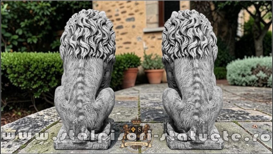 Statuetă leu mare cu blazon, gri patinat, model S1. (4)