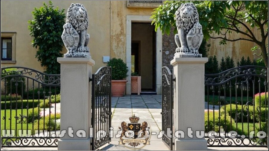 Statuetă leu mare cu blazon, gri patinat, model S1. (5)