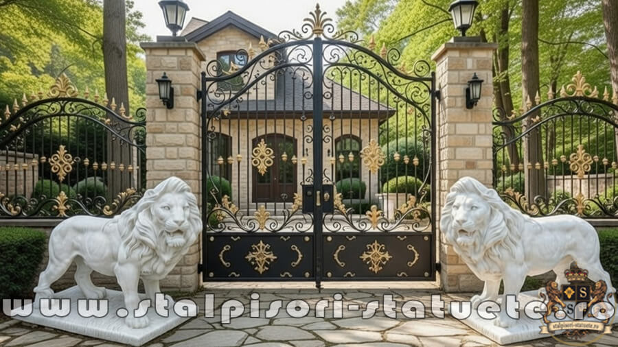 Statuetă leu mare în picioare, alb marmorat, model S33. (5)
