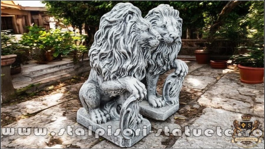 Statuetă leu mic cu blazon, gri patinat, model S2. (2)