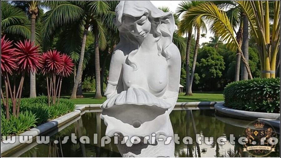 Statuetă sirenă cu scoică, alb marmorat, model S49. (1)