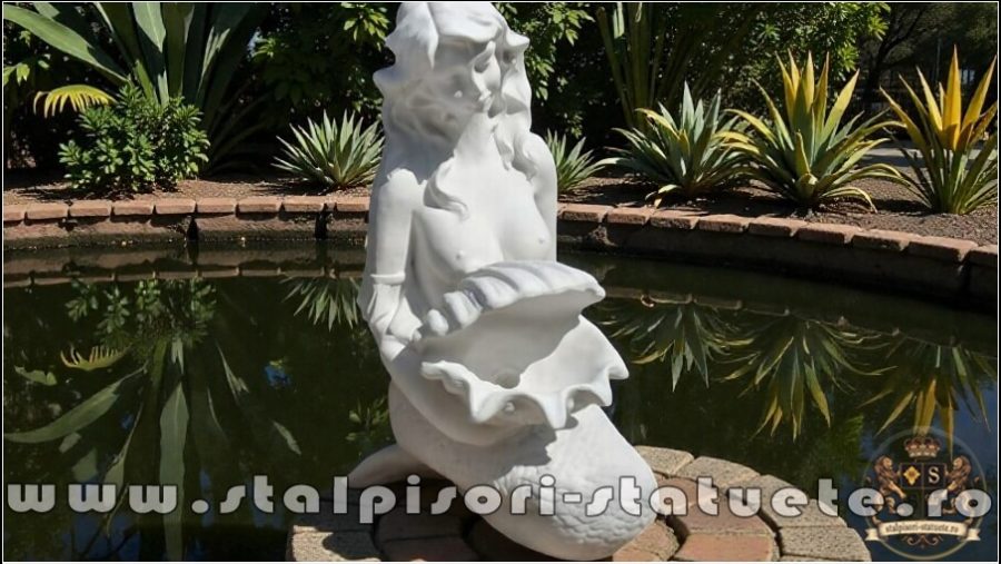 Statuetă sirenă cu scoică, alb marmorat, model S49. (2)