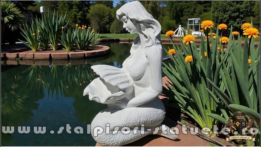 Statuetă sirenă cu scoică, alb marmorat, model S49. (3)