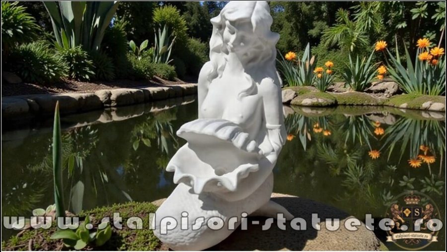 Statuetă sirenă cu scoică, alb marmorat, model S49. (4)