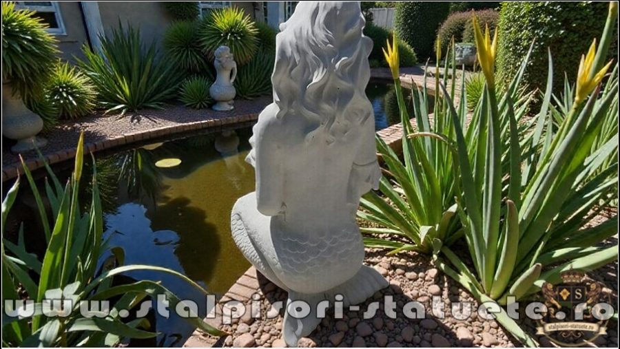 Statuetă sirenă cu scoică, alb marmorat, model S49. (5)