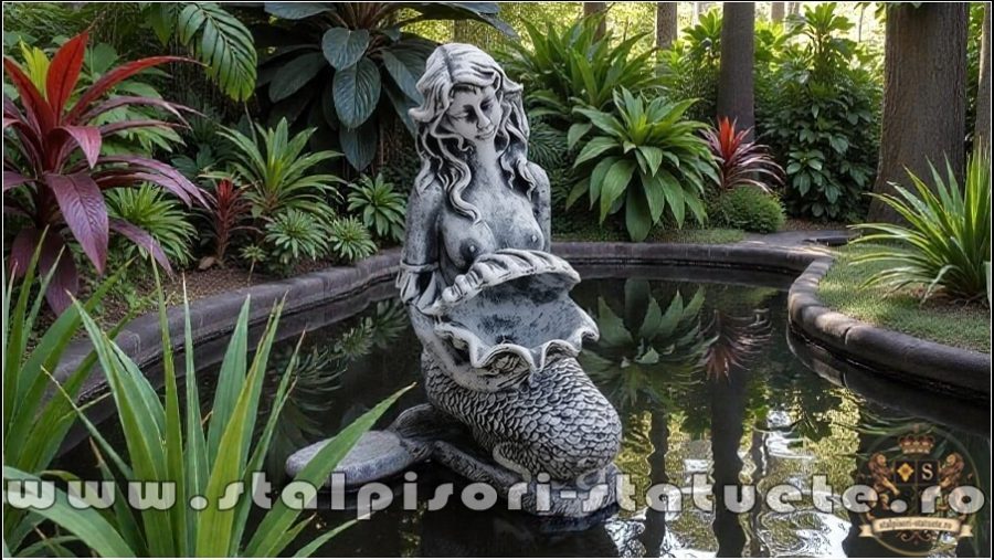 Statuetă sirenă cu scoică, gri marmorat, model S49. (2)