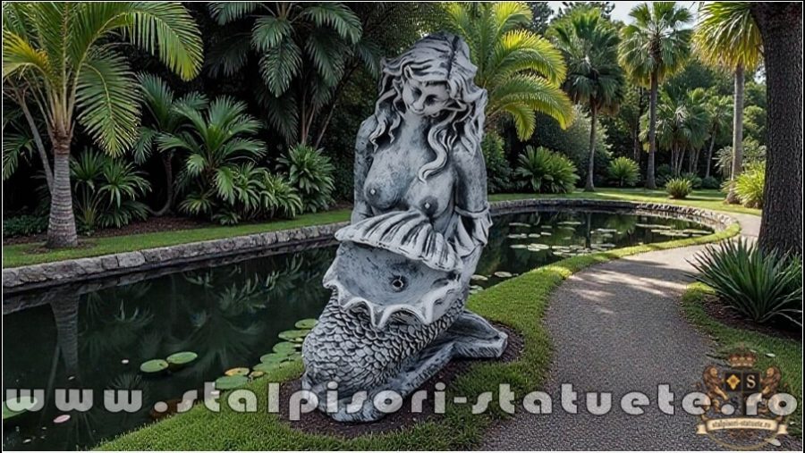 Statuetă sirenă cu scoică, gri marmorat, model S49. (4)