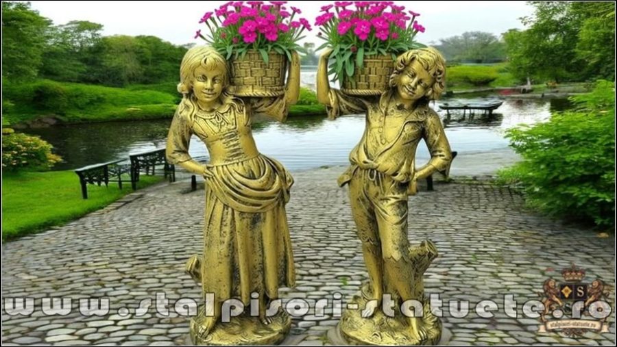 Statuete copii cu coșulețe, auriu patinat, model J3,J4. (1)