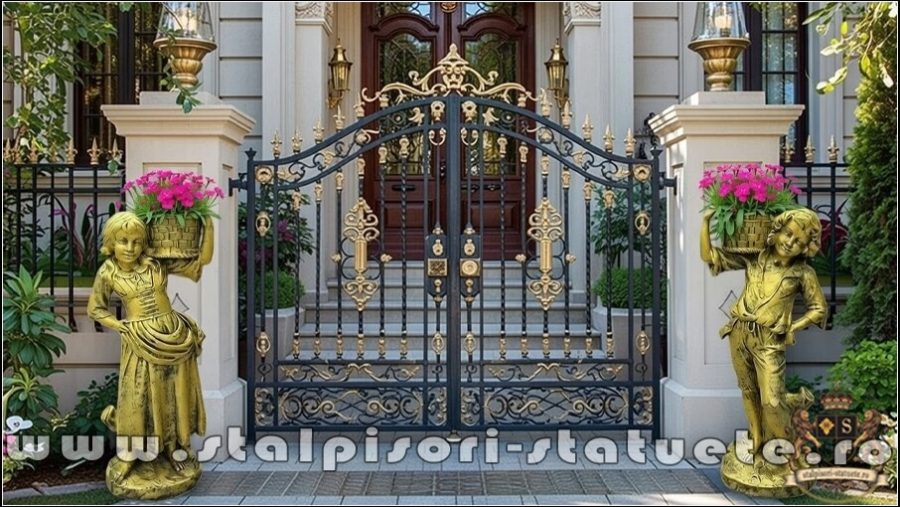 Statuete copii cu coșulețe, auriu patinat, model J3,J4. (5)