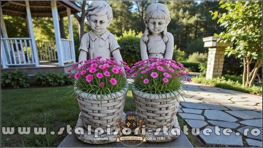 Statuete copii cu coșulețe, gri antichizat, model J9. (1)