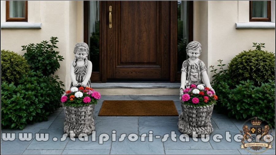 Statuete copii cu coșulețe, gri antichizat, model J9. (10)
