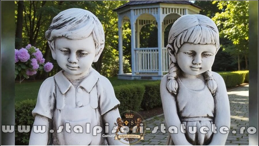 Statuete copii cu coșulețe, gri antichizat, model J9. (2)