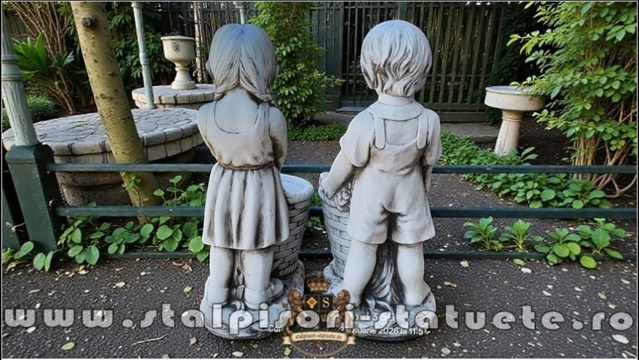 Statuete copii cu coșulețe, gri antichizat, model J9. (5)