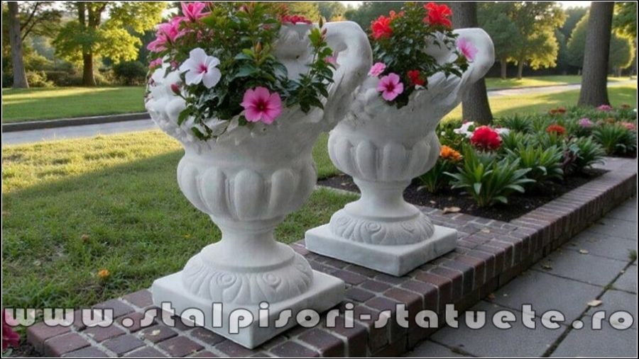 Vază ornament mare cu picior, alb marmorat, model V6. (1)