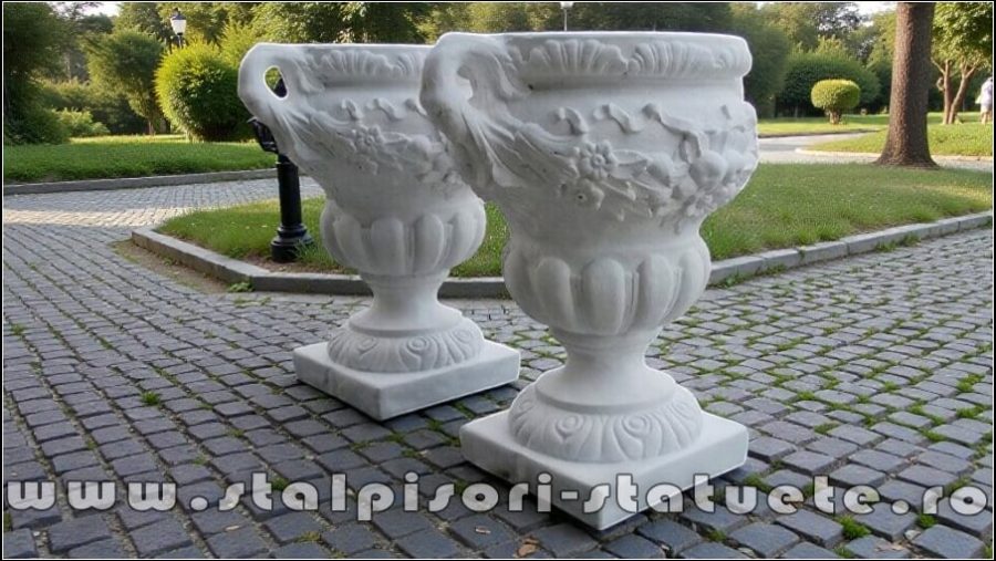 Vază ornament mare cu picior, alb marmorat, model V6. (2)