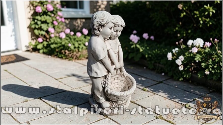 Statuetă copii cu coșuleț, gri patinat, model j7. (2)