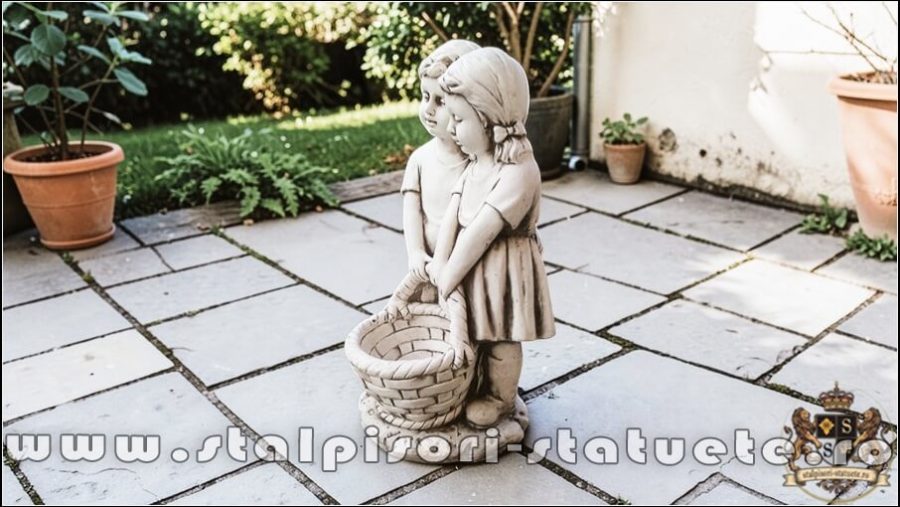 Statuetă copii cu coșuleț, gri patinat, model j7. (3)