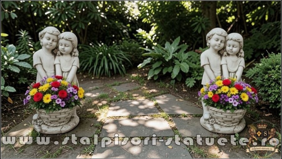 Statuetă copii cu coșuleț, gri patinat, model j7. (5)