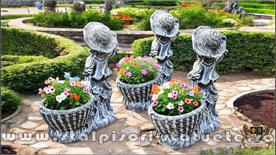 Statuetă copil cu coșuleț, gri patinat, model S19. (4)