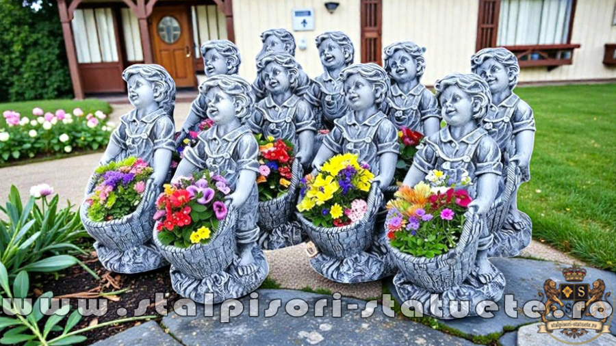 Statuetă copil cu ghiveci, gri patinat, model S36. (4)
