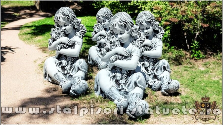 Statuetă fetița cu cățeluș, gri patinat, model S88. (1)