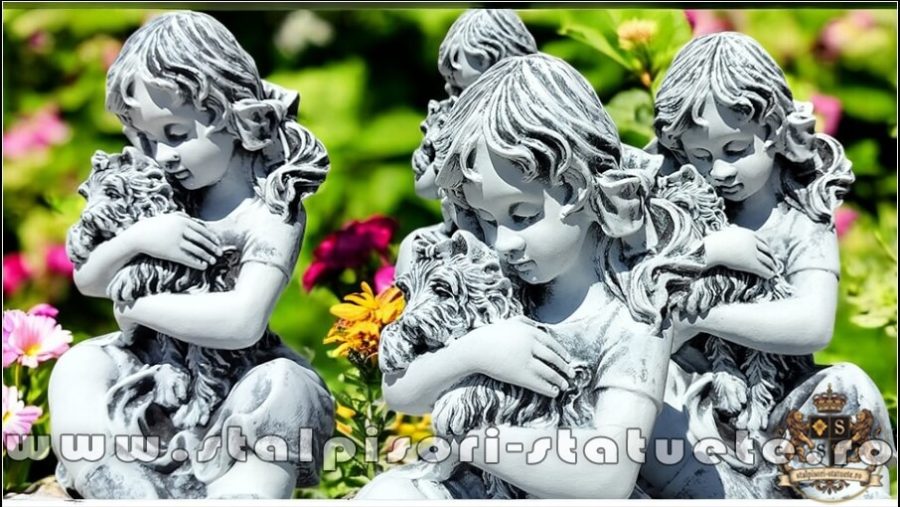 Statuetă fetița cu cățeluș, gri patinat, model S88. (2)