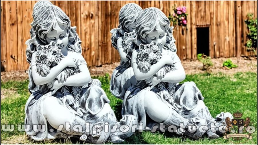 Statuetă fetița cu cățeluș, gri patinat, model S88. (3)