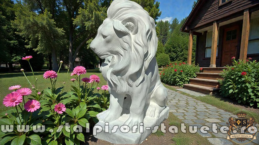 Statuetă leu în șezut, alb marmorat, model S46. (2)