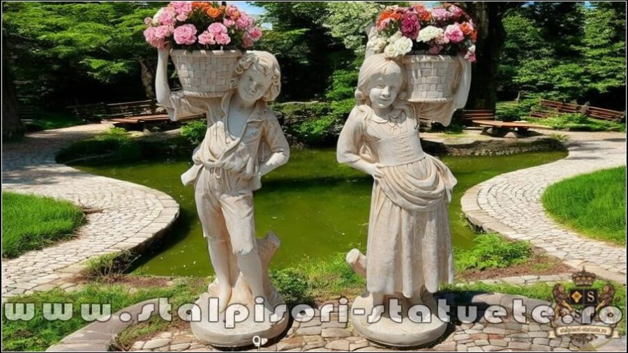 Statuete copii cu coșulețe, galben antichizat, model J3,J4. (1)