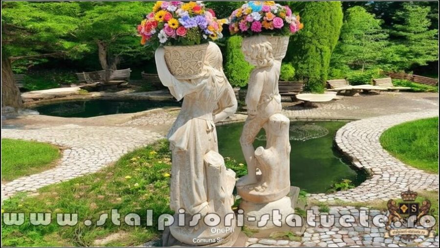 Statuete copii cu coșulețe, galben antichizat, model J3,J4. (5)