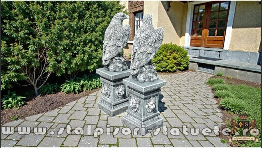 Set 2 statuete vulturi cu socluri, gri antichizat. (4)