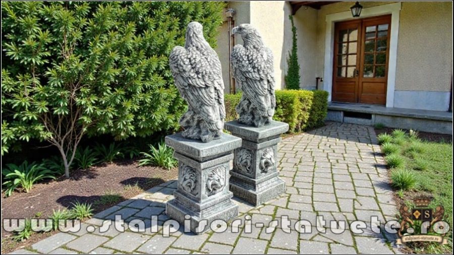 Set 2 statuete vulturi cu socluri, gri antichizat. (5)