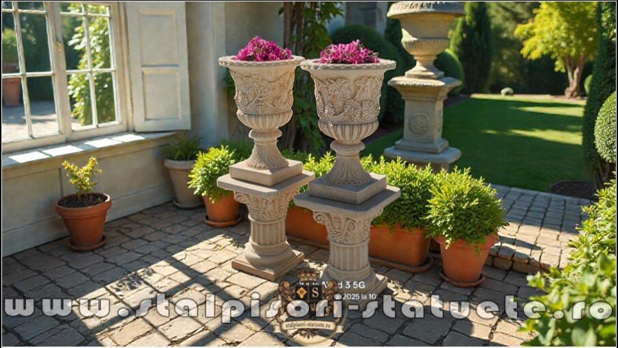 Set vază cu soclu, galben patinat, model V1-S6. (3)