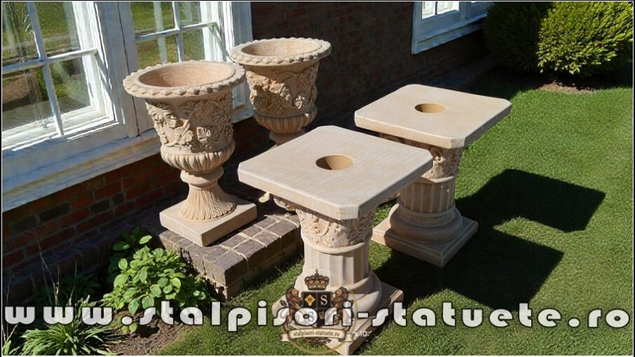 Set vază cu soclu, galben patinat, model V1-S6. (5)