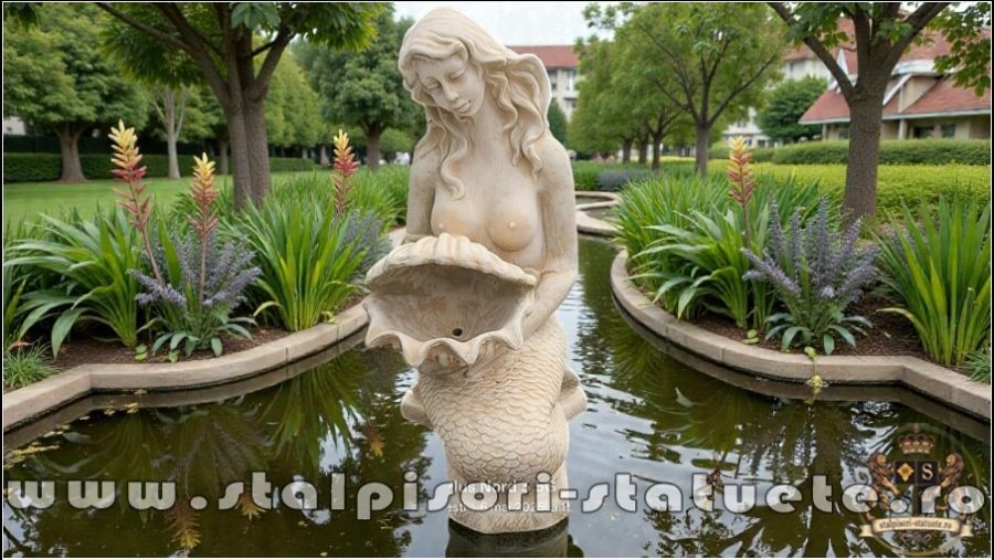 Statuetă sirenă cu scoică, galben marmorat, model S49. (1)